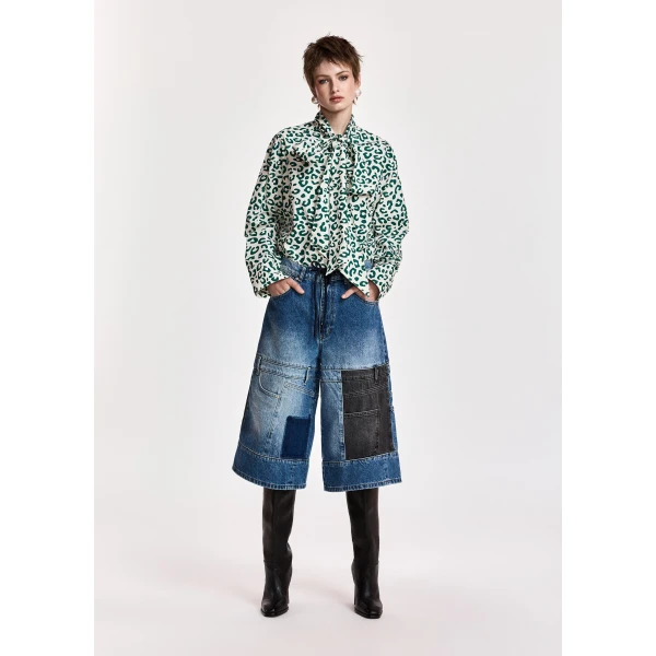 Essentiel Antwerp Dark blue and black dual-panel patchwork denim shorts, view 3