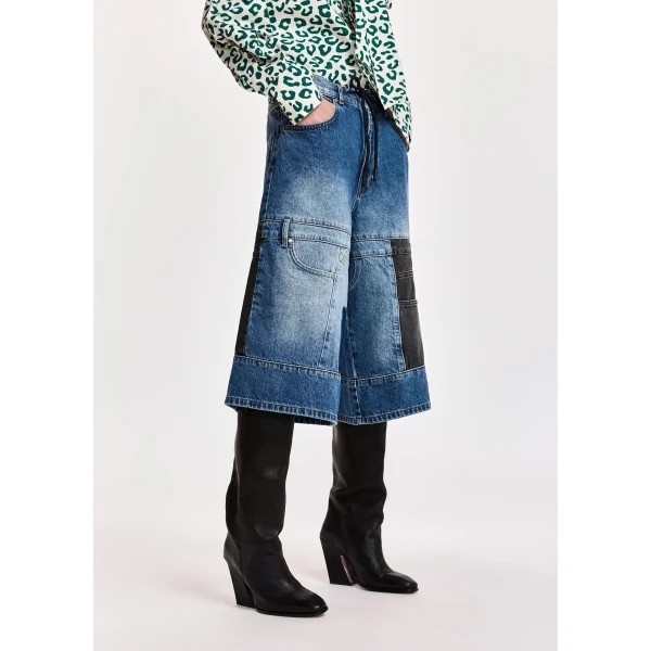 Essentiel Antwerp Dark blue and black dual-panel patchwork denim shorts, view 4