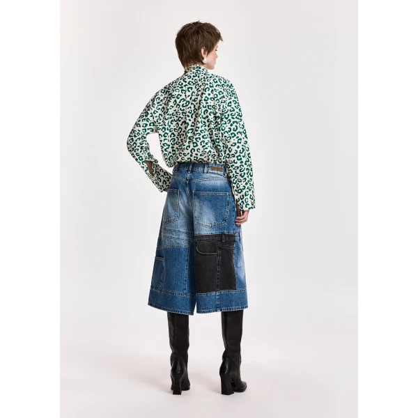 Essentiel Antwerp Dark blue and black dual-panel patchwork denim shorts, view 6