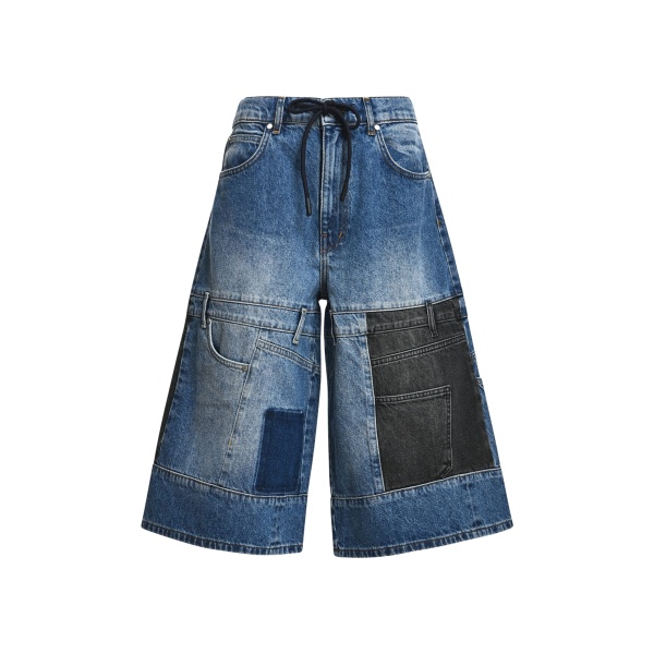 Essentiel Antwerp Dark blue and black dual-panel patchwork denim shorts