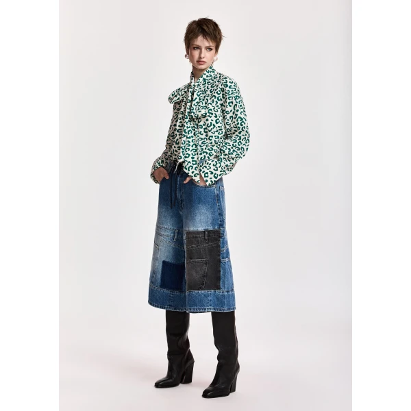 Essentiel Antwerp Dark green and off-white leopard-print pussy-bow shirt, view 5