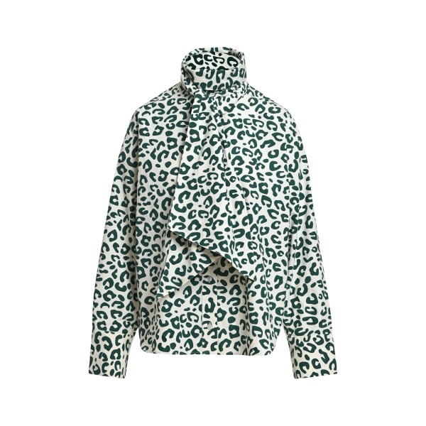 Essentiel Antwerp Dark green and off-white leopard-print pussy-bow shirt