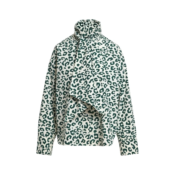 Essentiel Antwerp Dark green and off-white leopard-print pussy-bow shirt