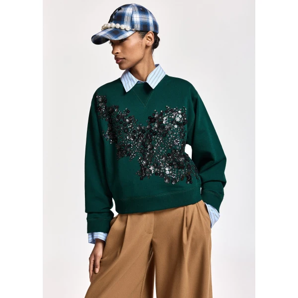 Essentiel Antwerp Dark green cotton sweatshirt with sequin and bead-embellished embroidery Top, view 2
