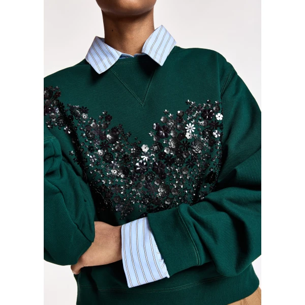 Essentiel Antwerp Dark green cotton sweatshirt with sequin and bead-embellished embroidery Top, view 3