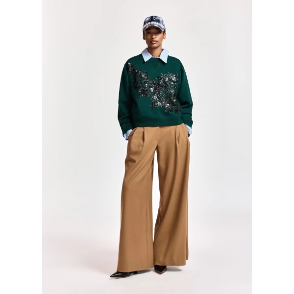 Essentiel Antwerp Dark green cotton sweatshirt with sequin and bead-embellished embroidery Top, view 5