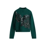 Essentiel Antwerp Dark green cotton sweatshirt with sequin and bead-embellished embroidery Top