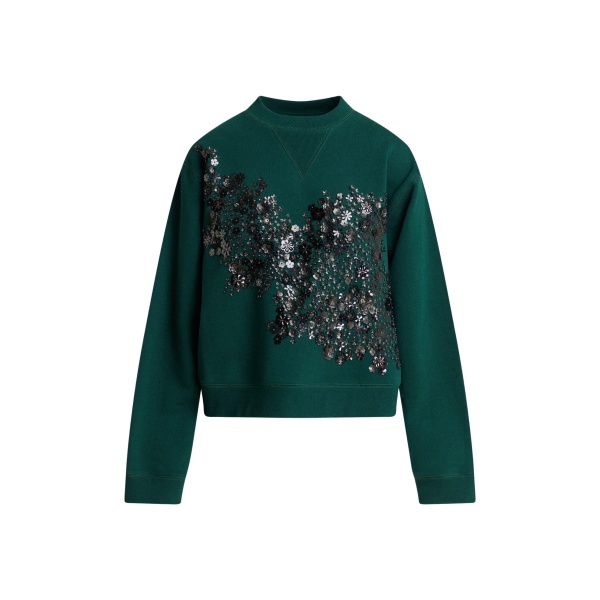 Essentiel Antwerp Dark green cotton sweatshirt with sequin and bead-embellished embroidery Top