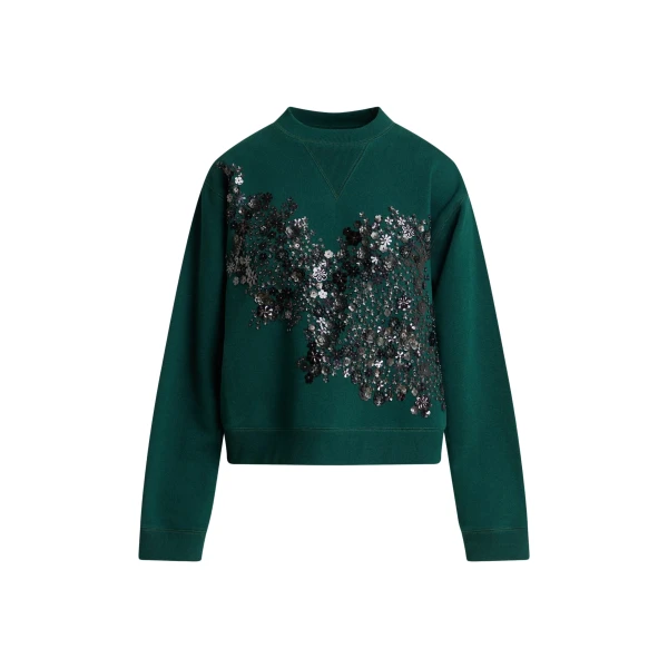 Essentiel Antwerp Dark green cotton sweatshirt with sequin and bead-embellished embroidery Top
