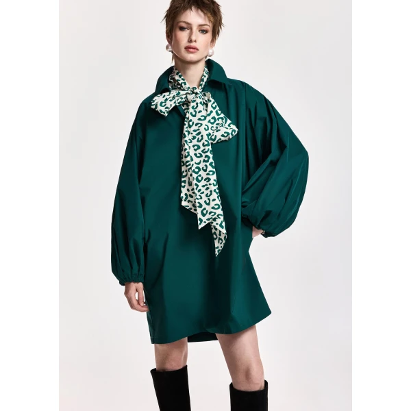 Essentiel Antwerp Dark green oversized mini dress with voluminous sleeves, view 2