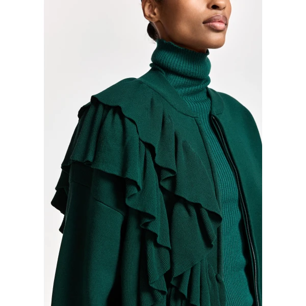 Essentiel Antwerp Dark green ruffle-detailed zip-up cardigan, view 2
