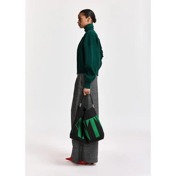 Essentiel Antwerp Dark green ruffle-detailed zip-up cardigan, view 4