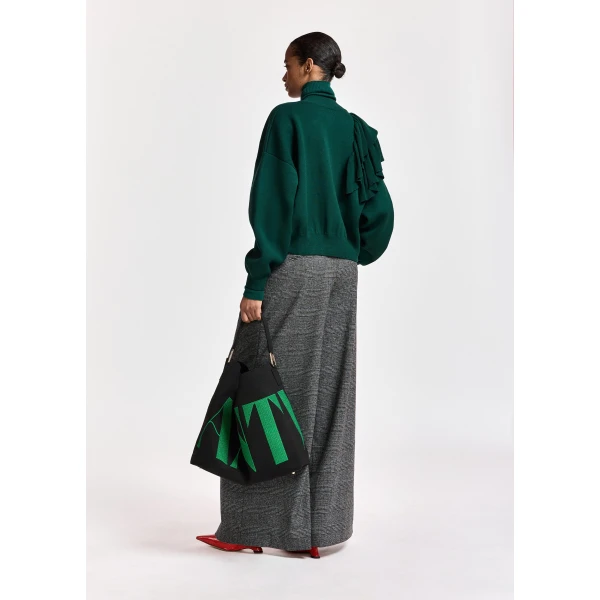 Essentiel Antwerp Dark green ruffle-detailed zip-up cardigan, view 5