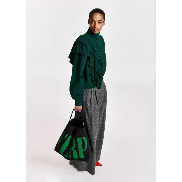 Essentiel Antwerp Dark green ruffle-detailed zip-up cardigan, view 6