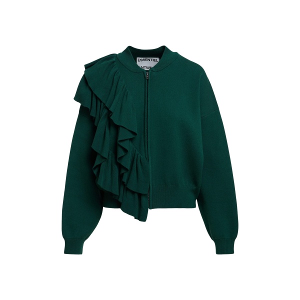 Essentiel Antwerp Dark green ruffle-detailed zip-up cardigan
