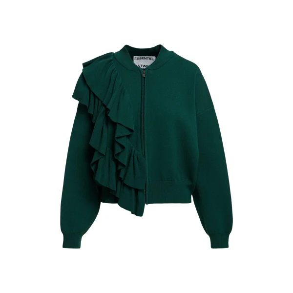 Essentiel Antwerp Dark green ruffle-detailed zip-up cardigan