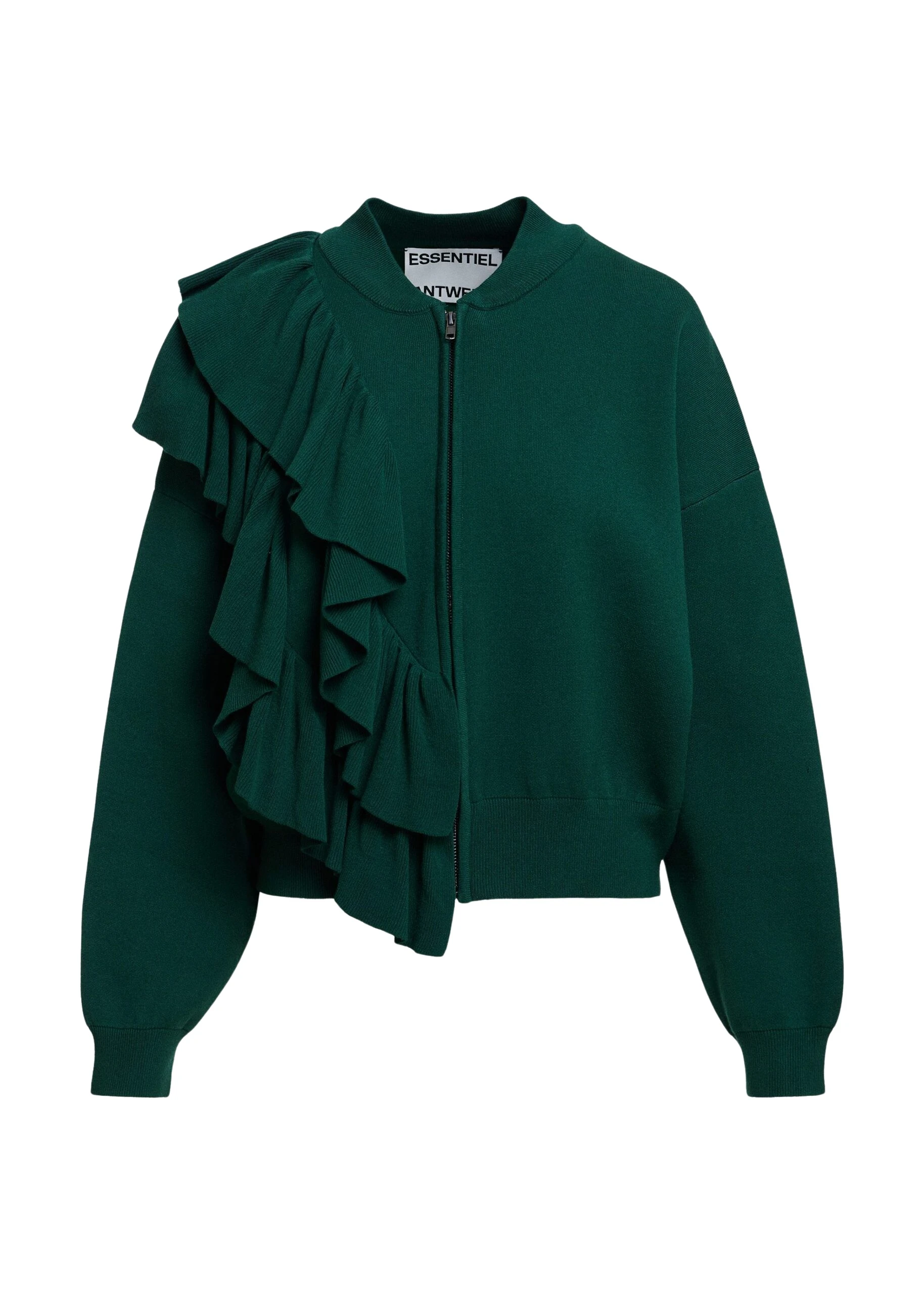 Essentiel-Antwerp-Dark-green-ruffle-detailed-zip-up-cardigan-scaled50649_nobg Essentiel Antwerp Dark green ruffle-detailed zip-up cardigan