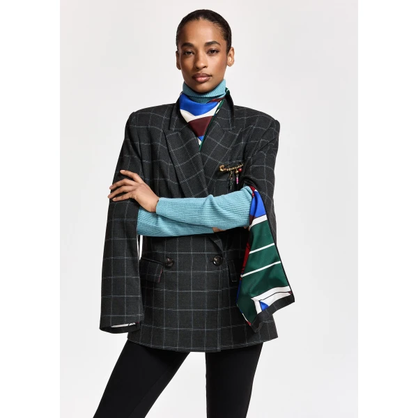 Essentiel Antwerp Dark grey and off-white checked double-breasted blazer with underarm zip detail, view 2