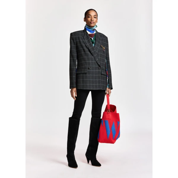 Essentiel Antwerp Dark grey and off-white checked double-breasted blazer with underarm zip detail, view 3