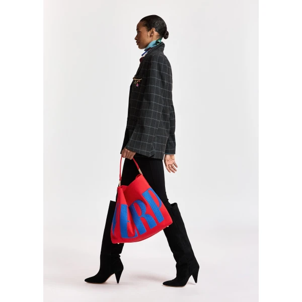 Essentiel Antwerp Dark grey and off-white checked double-breasted blazer with underarm zip detail, view 4