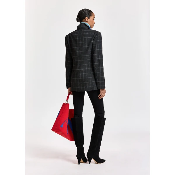 Essentiel Antwerp Dark grey and off-white checked double-breasted blazer with underarm zip detail, view 5