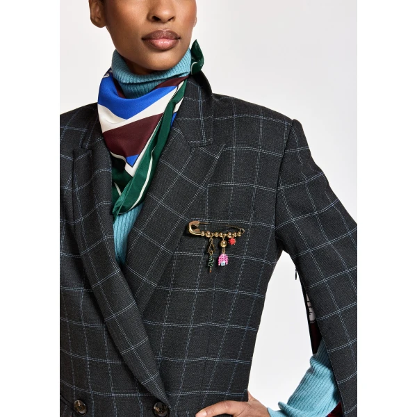 Essentiel Antwerp Dark grey and off-white checked double-breasted blazer with underarm zip detail, view 6