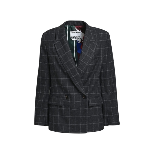 Essentiel Antwerp Dark grey and off-white checked double-breasted blazer with underarm zip detail