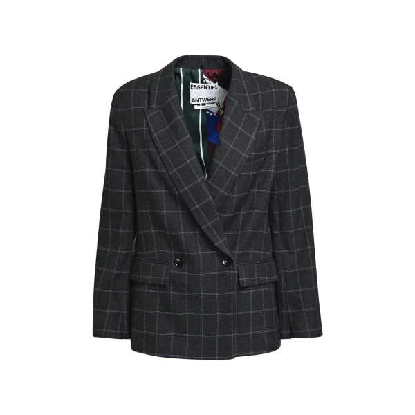Essentiel Antwerp Dark grey and off-white checked double-breasted blazer with underarm zip detail