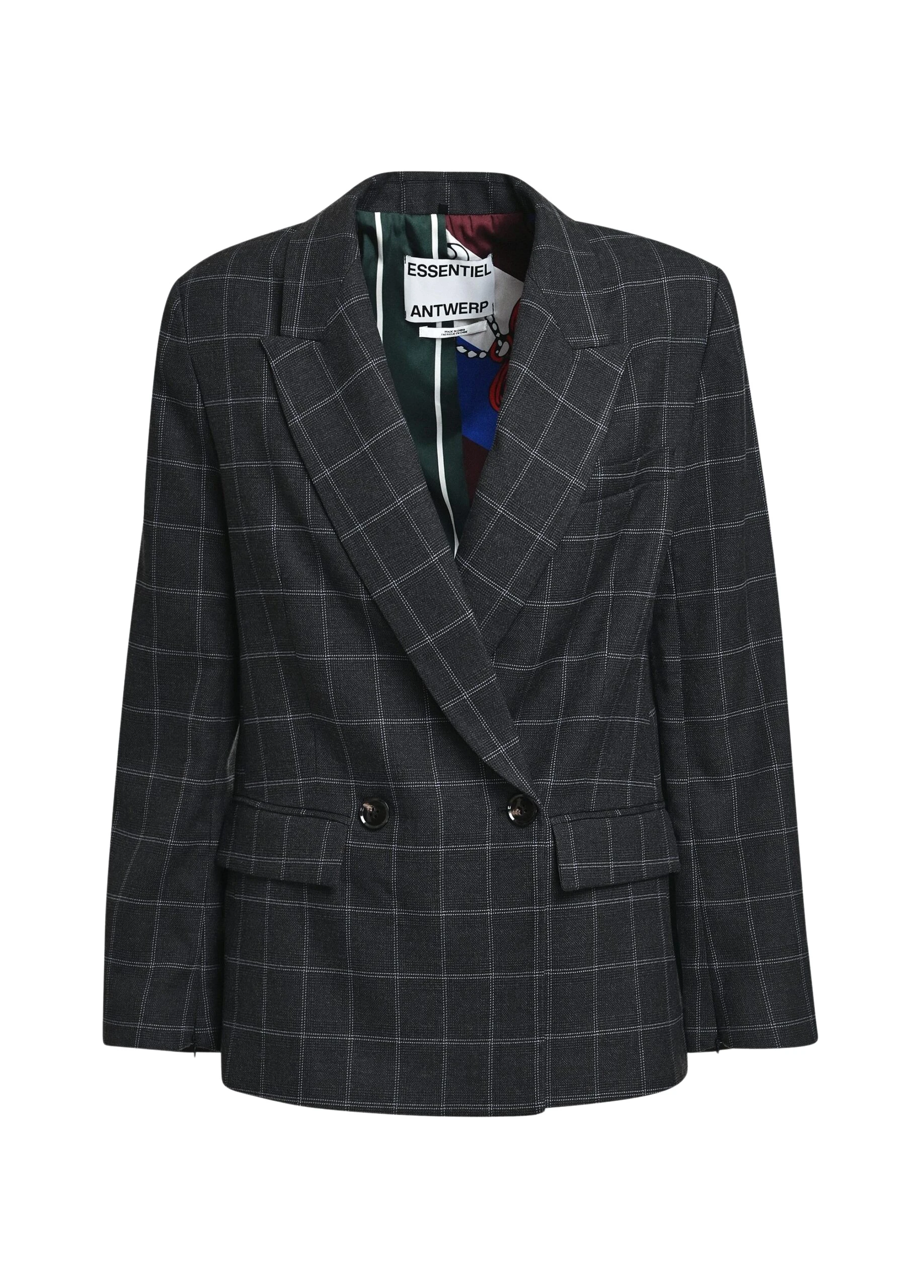 Essentiel-Antwerp-Dark-grey-and-off-white-checked-double-breasted-blazer-with-underarm-zip-detail-scaled95673_nobg Essentiel Antwerp Dark grey and off-white checked double-breasted blazer with underarm zip detail