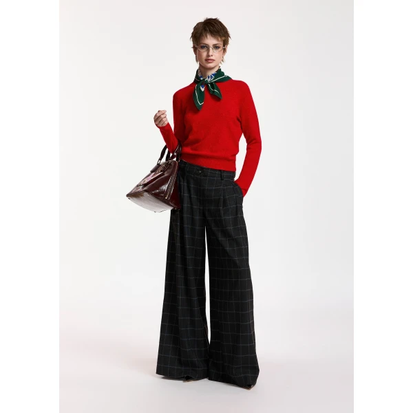 Essentiel Antwerp Dark grey and off-white checked wide-leg pants with twisted seam detail, view 2