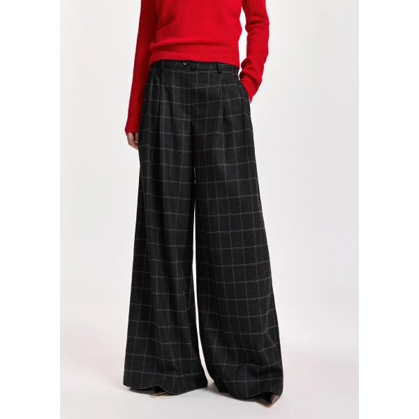 Essentiel Antwerp Dark grey and off-white checked wide-leg pants with twisted seam detail, view 3
