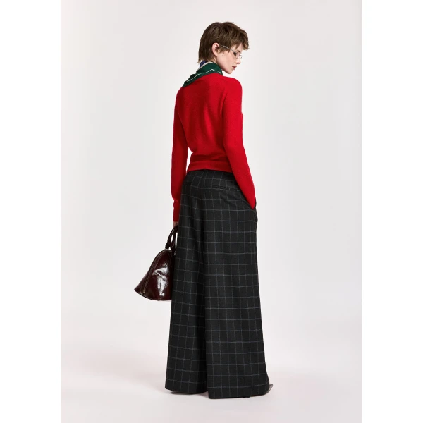 Essentiel Antwerp Dark grey and off-white checked wide-leg pants with twisted seam detail, view 5