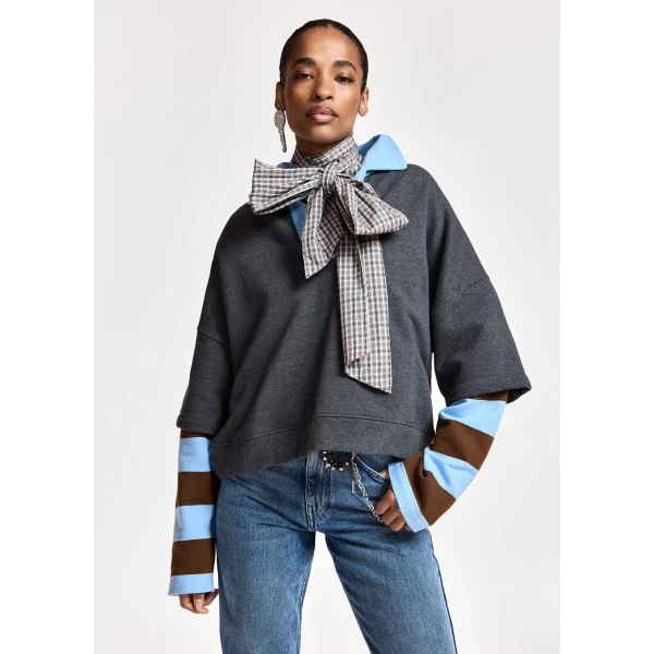 Essentiel Antwerp Dark grey layered cotton sweatshirt with brown and blue striped sleeves Top, view 3