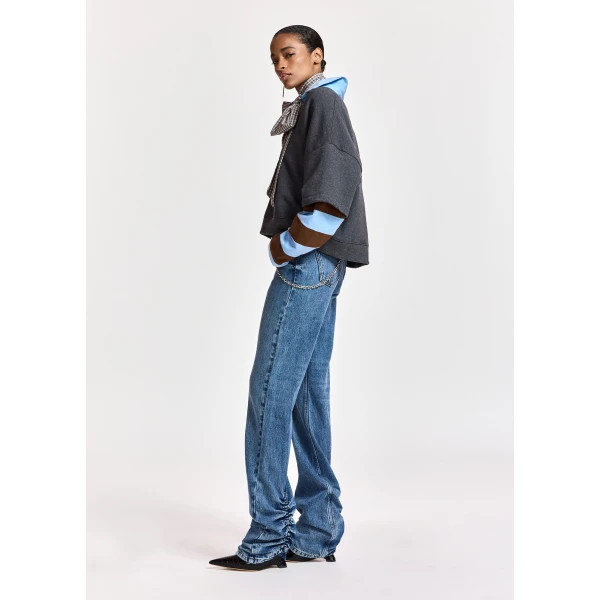 Essentiel Antwerp Dark grey layered cotton sweatshirt with brown and blue striped sleeves Top, view 4