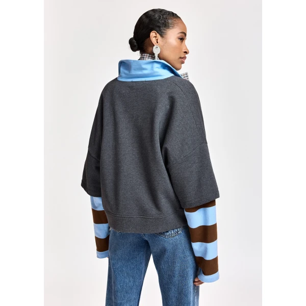 Essentiel Antwerp Dark grey layered cotton sweatshirt with brown and blue striped sleeves Top, view 5