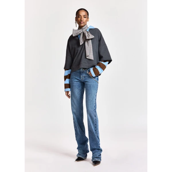 Essentiel Antwerp Dark grey layered cotton sweatshirt with brown and blue striped sleeves Top, view 6