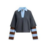 Essentiel Antwerp Dark grey layered cotton sweatshirt with brown and blue striped sleeves Top
