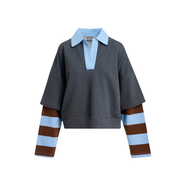 Essentiel Antwerp Dark grey layered cotton sweatshirt with brown and blue striped sleeves Top
