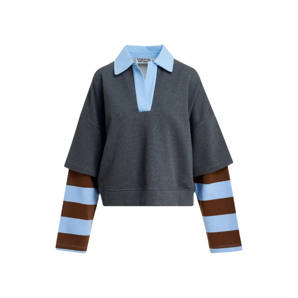 Essentiel Antwerp Dark grey layered cotton sweatshirt with brown and blue striped sleeves Top