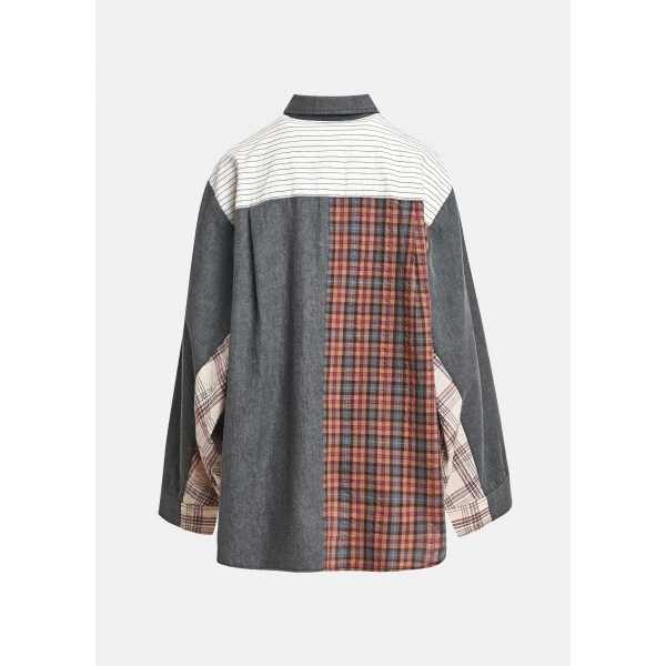 Essentiel Antwerp Dark grey, off-white and brown patchwork oversized cotton shirt, view 2