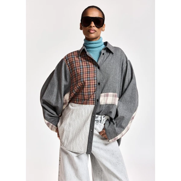 Essentiel Antwerp Dark grey, off-white and brown patchwork oversized cotton shirt, view 3