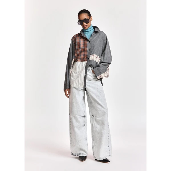 Essentiel Antwerp Dark grey, off-white and brown patchwork oversized cotton shirt, view 4
