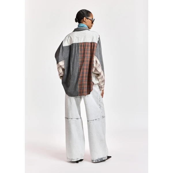 Essentiel Antwerp Dark grey, off-white and brown patchwork oversized cotton shirt, view 6