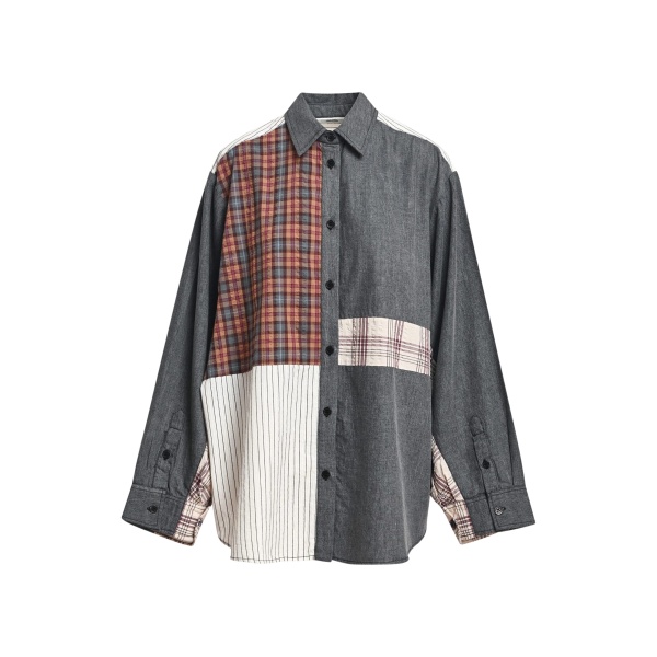 Essentiel Antwerp Dark grey, off-white and brown patchwork oversized cotton shirt