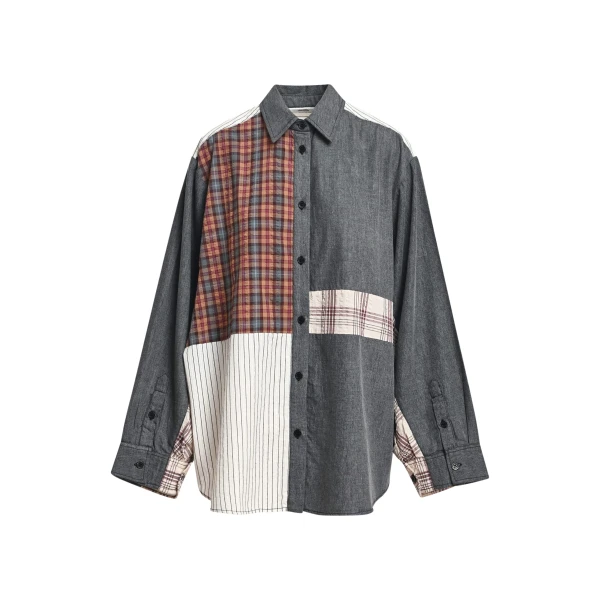 Essentiel Antwerp Dark grey, off-white and brown patchwork oversized cotton shirt