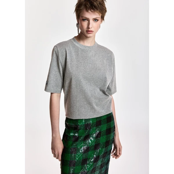 Essentiel Antwerp Dark grey organic cotton T-shirt with grey subtle logo patch Top, view 2
