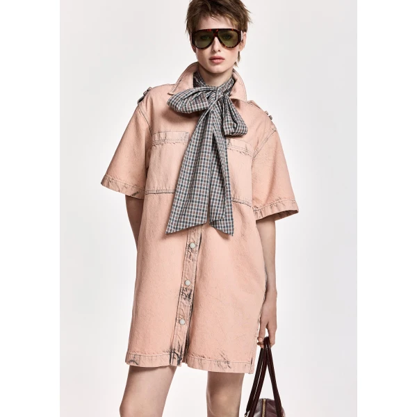 Essentiel Antwerp Dusty pink dirty-wash denim shirt dress, view 3