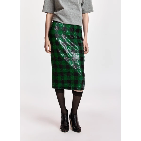 Essentiel Antwerp Green and black sequin-embellished pencil skirt, view 3