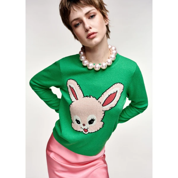 Essentiel Antwerp Green and light pink rabbit-intarsia wool-blend sweater, view 2
