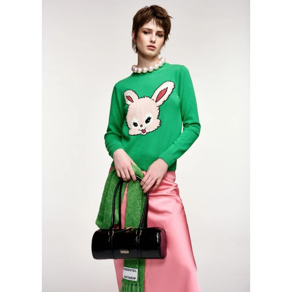 Essentiel Antwerp Green and light pink rabbit-intarsia wool-blend sweater, view 3